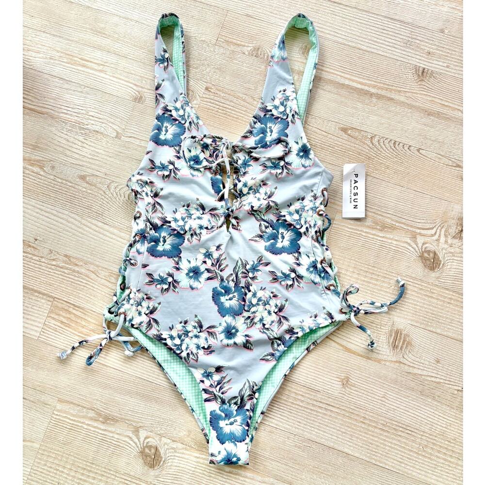 New PacSun Lace Up Floral One Piece Swimsuit |‎ Blue Size Small